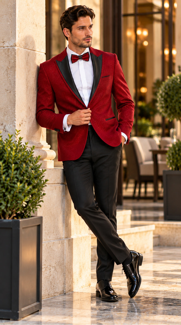 Mens Burgundy Tuxedo - Maroon Wine Color Sequin Sparkly Shiny Dinner Jacket + Pants