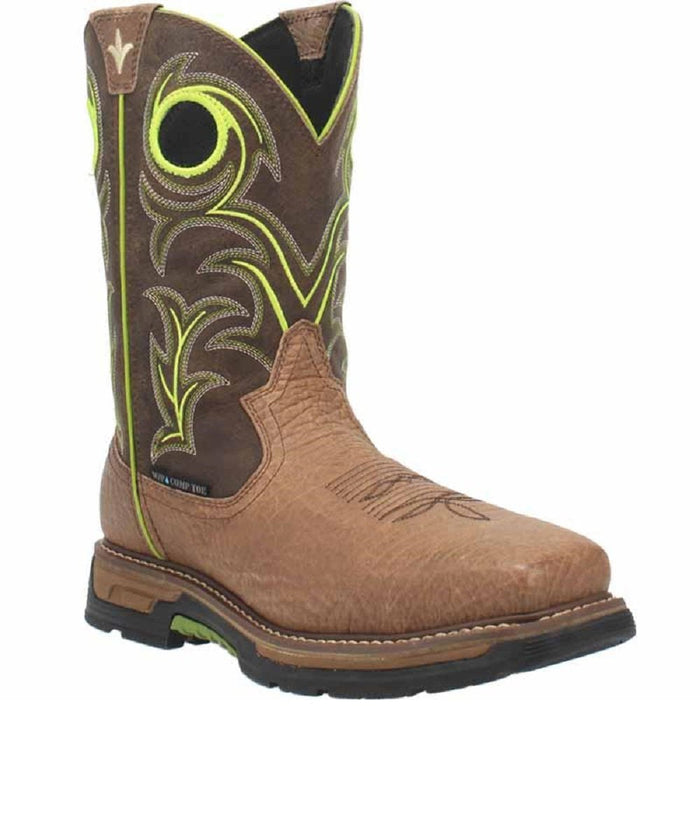 Dan Post Men's Storms Eye Western Work Boot: Dark brown leather shaft with green stitching and design, rounded toe in tan leather. Black rubber outsole with green detail. Stitched pattern adds form.
