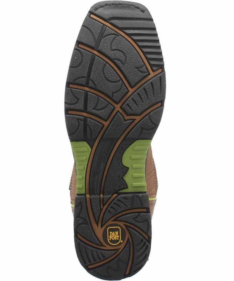Dan Post Men's Storms Eye Western Work Boot. Rugged rubber sole with patterned tread (green/brown) for traction. Designed for work.
