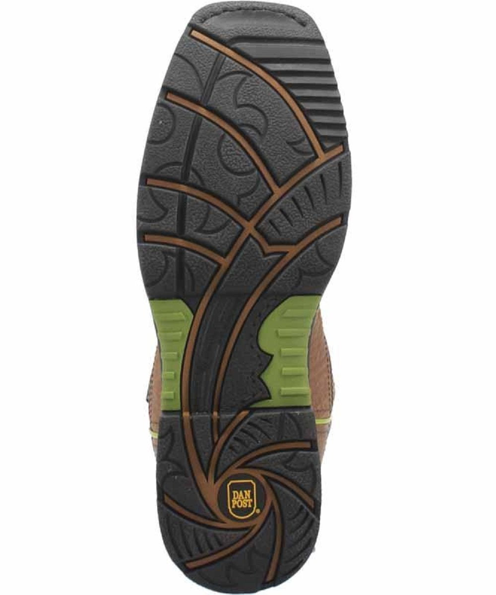 Dan Post Men's Storms Eye Western Work Boot. Rugged rubber sole with patterned tread (green/brown) for traction. Designed for work.
