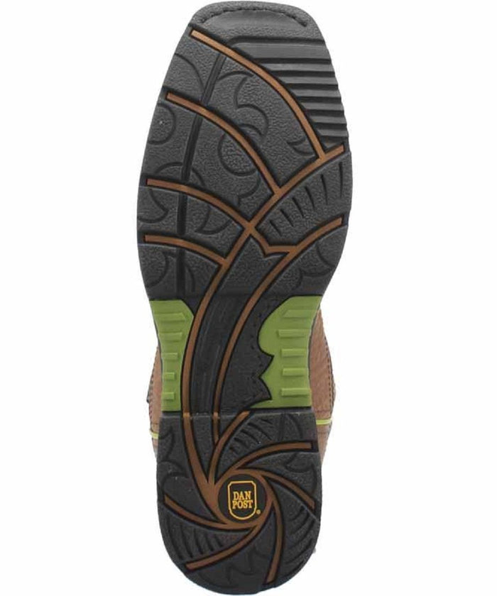 Dan Post Men's Storms Eye Western Work Boot. Rugged rubber sole with patterned tread (green/brown) for traction. Designed for work.
