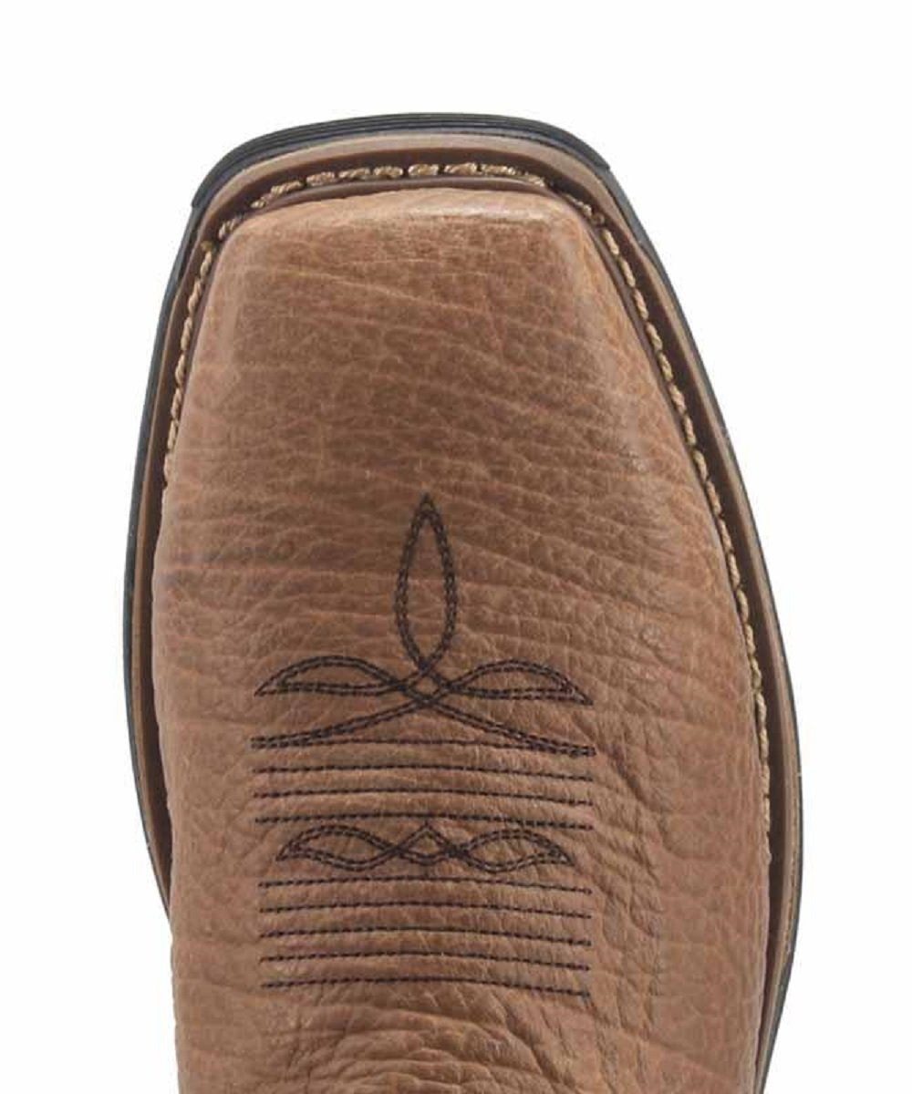 Dan Post Men's Storms Eye Western Work Boot. Brown leather upper with embossed stitching. Square toe, reinforced edge stitching, and contrasting darker sole.
