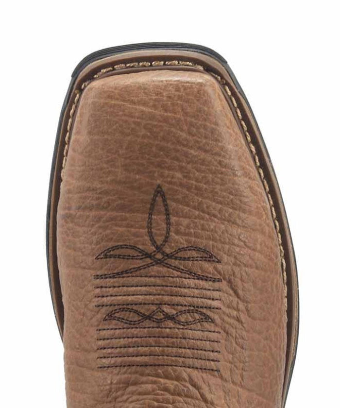 Dan Post Men's Storms Eye Western Work Boot. Brown leather upper with embossed stitching. Square toe, reinforced edge stitching, and contrasting darker sole.
