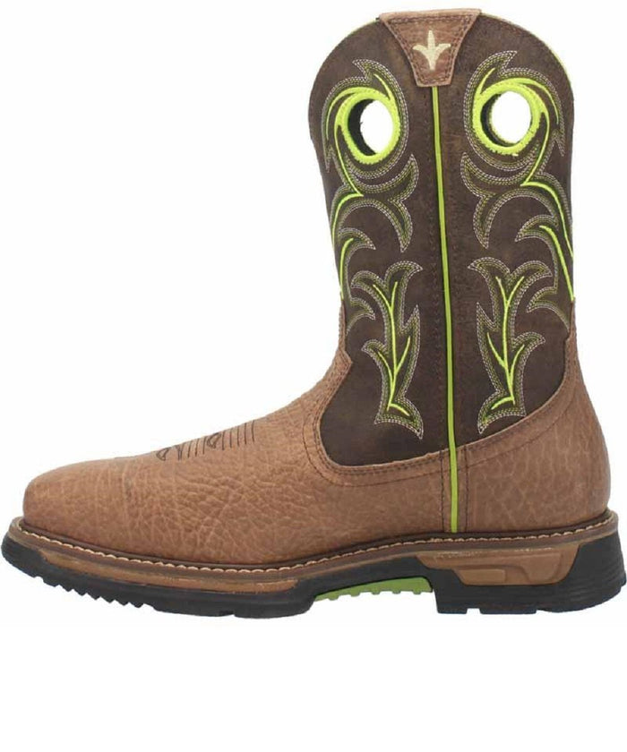 Dan Post Men's Storms Eye Western Work Boot: Dual-tone design with tan foot, brown shaft, green/white stitching. Features pull straps & decorative patterns. Black rubber sole with green traction insert.
