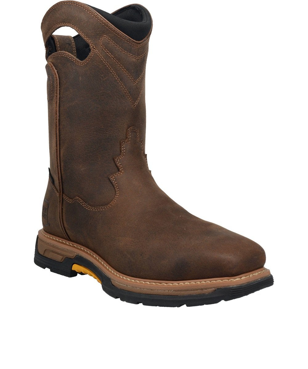 Dan Post Thunderhead work boot: Brown leather upper, waterproof, western design with pull loop. Rounded toe, rubber outsole with yellow accent, slightly raised heel.
