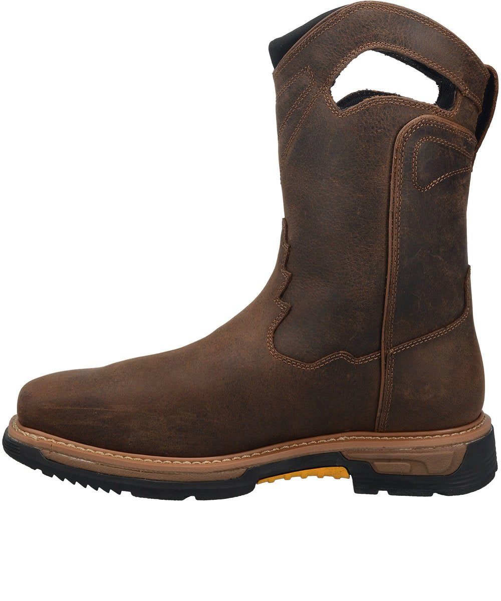 Dan Post Thunderhead waterproof work boot. Tall, dark brown leather. Rounded toe, pull-on style with cut-outs. Durable sole with yellow traction section and side stitching for stability.
