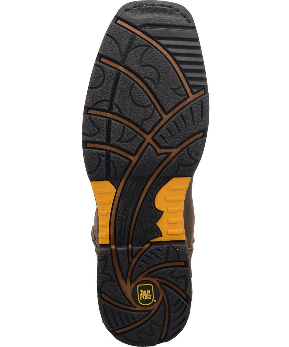 Dan Post Men's Thunderhead work boot: Black rubber sole with detailed tread and bright yellow accent. Waterproof and designed for work.
