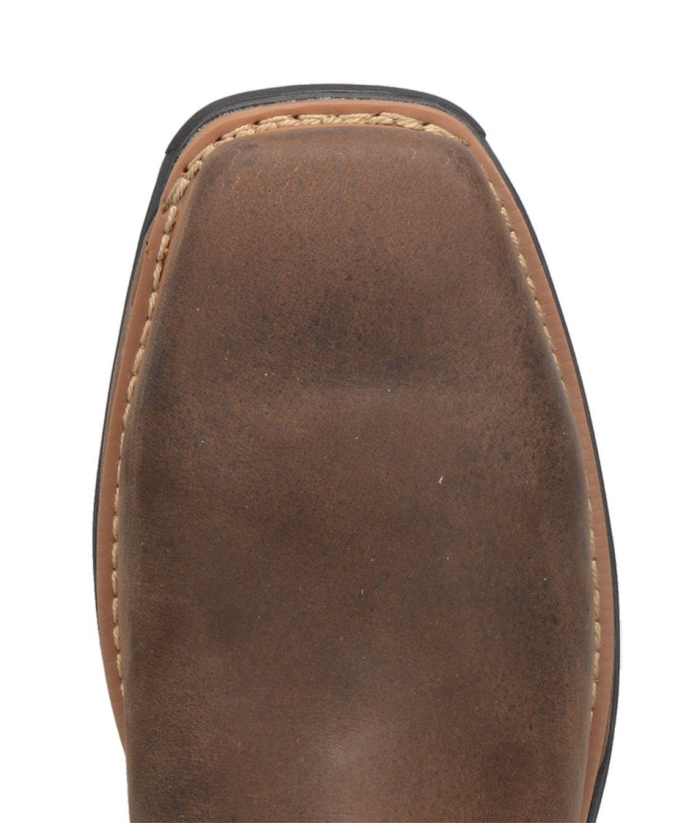 Dan Post Men's Thunderhead work boot. Brown leather, square toe, stitched trim. Waterproof with durable rubber sole. Designed for work.

