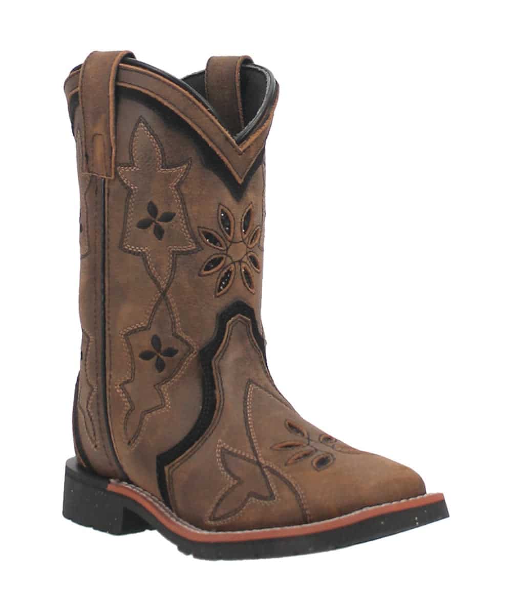 Dan Post Girls Posy boots: Brown leather, floral embroidery, square toe, low stacked heel, pull tabs, and rubber sole. Lined for comfort and durable.
