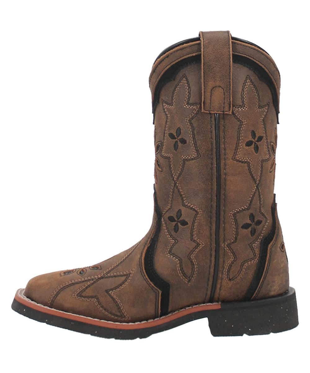 Dan Post Girls Posy boot: Brown leather upper with floral embroidery, square toe, and low stacked heel. Features pull tab and contrasting black side panel.
