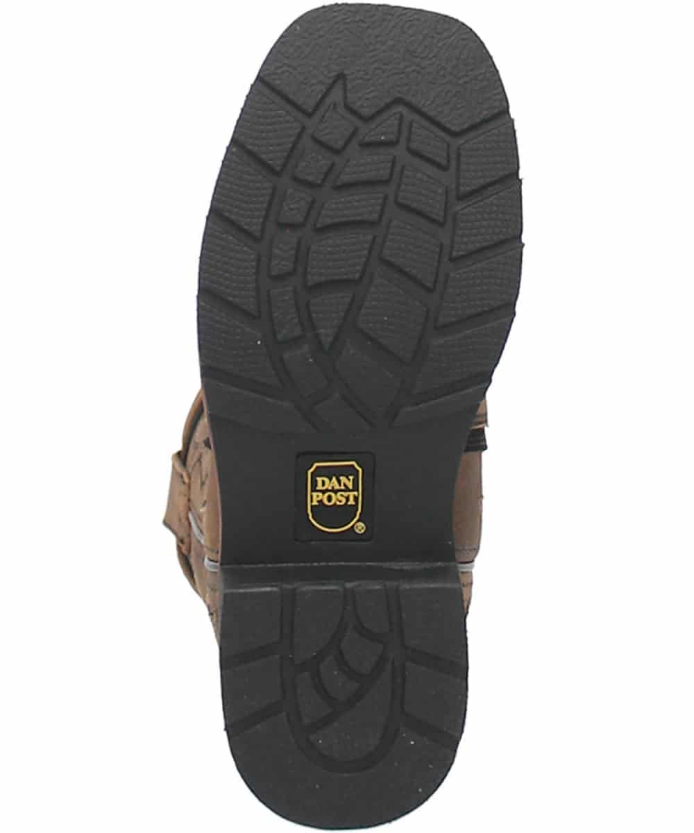 Dan Post Girls Posy boots: Brown leather, square toe, and decorative stitching. They feature a textured black rubber outsole for traction. Stylish with strap accents.
