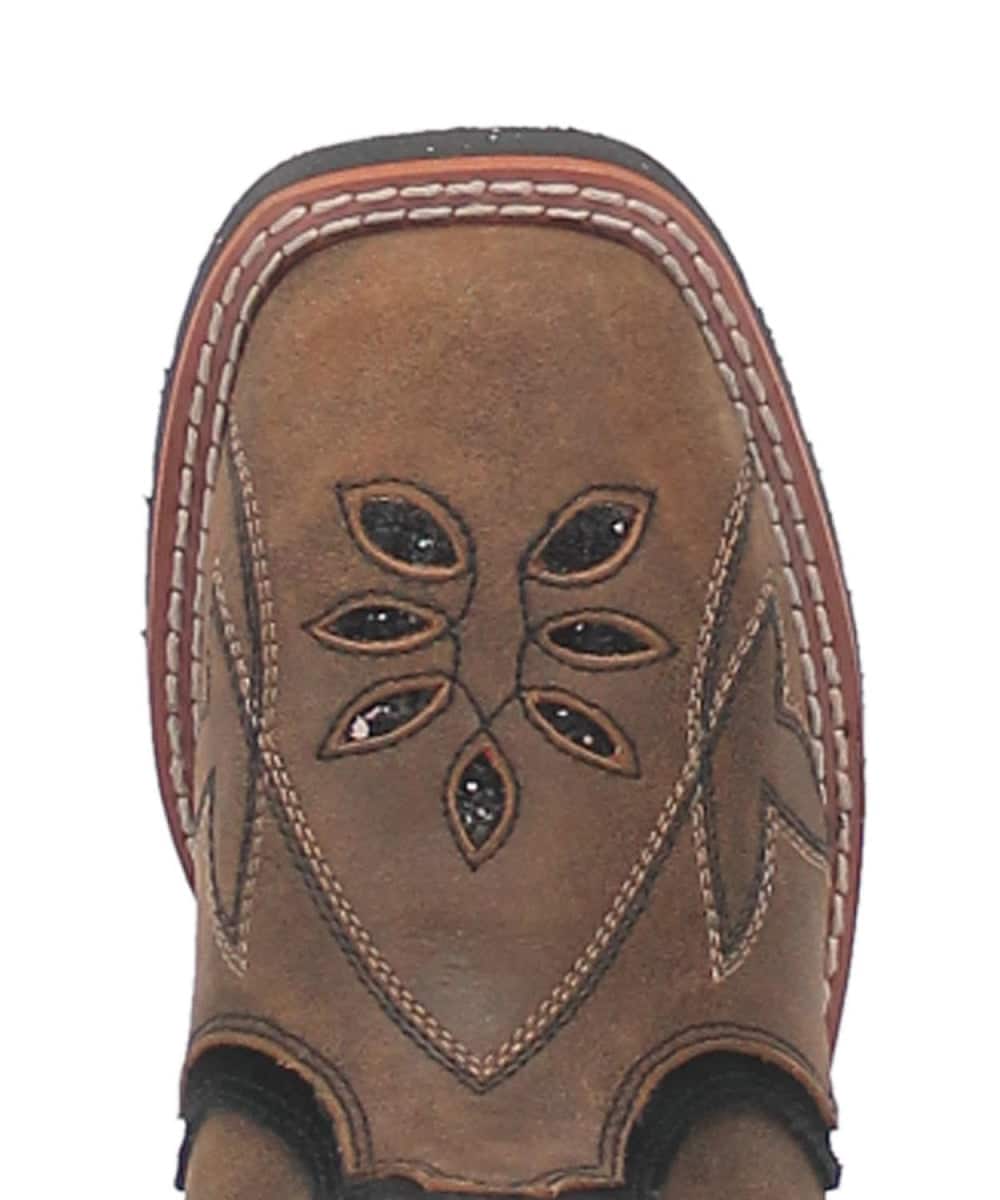 Dan Post Girls Posy boots: Square toe, light brown leather with floral cutouts. Decorative stitching details the profile.
