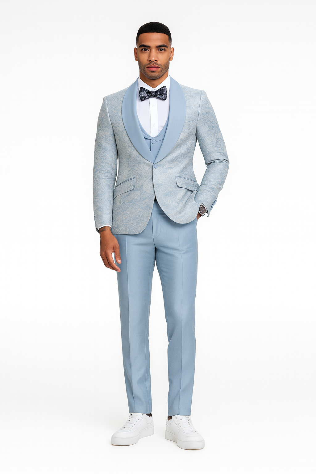 light grey suit with dusty blue tie