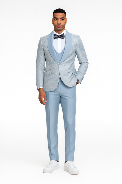 2025 Prom Special Blue Tuxedo Suit w/ Double-Breasted Vest by Tazzio