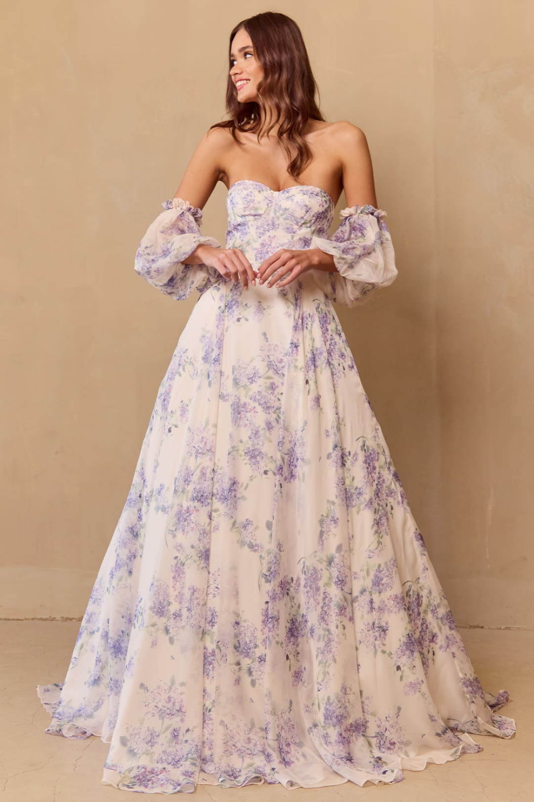 Prom Dress Strapless Print Puff Sleeves Gown By Amelia Couture SU084