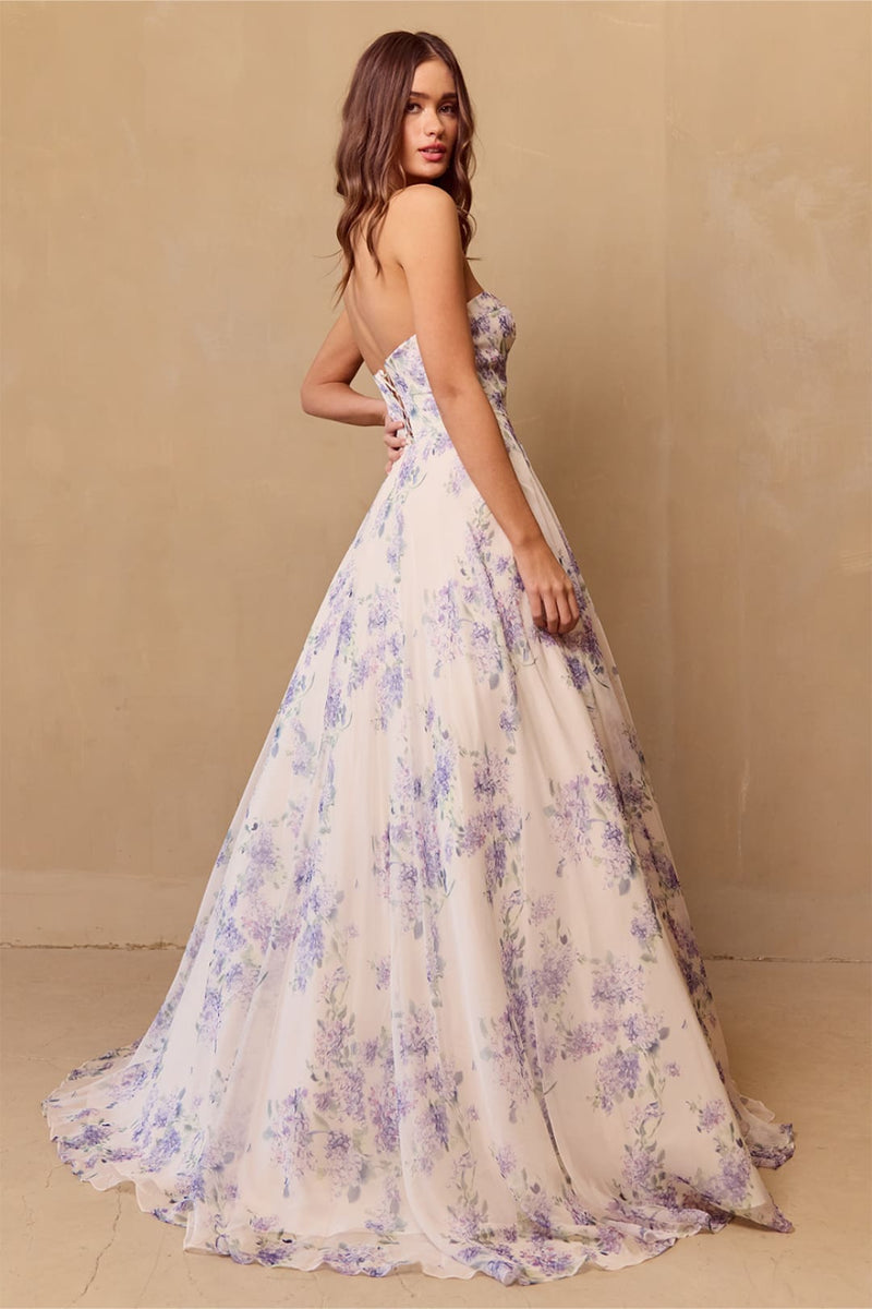 Prom Dress Strapless Print Puff Sleeves Gown By Amelia Couture SU084