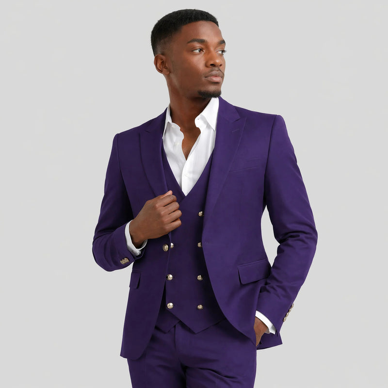 Purple and Gold Suit Peak Lapel with Vest 3 Piece suit Modern Fit