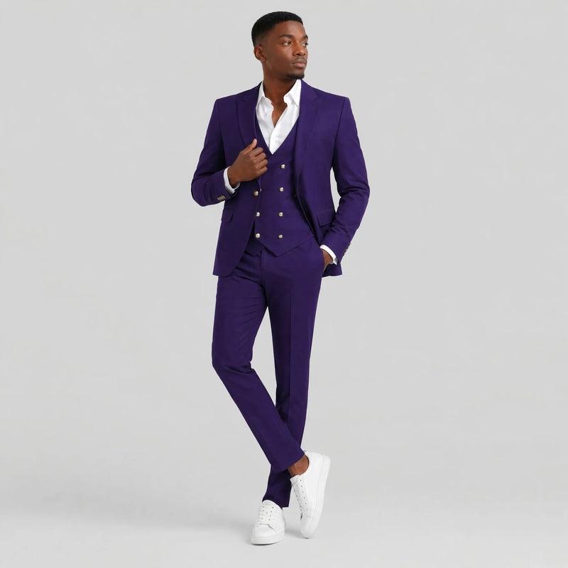 Purple and Gold Suit Peak Lapel with Vest 3 Piece suit Modern Fit