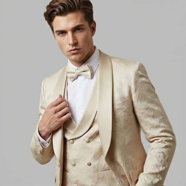 Tan Floral Shawl Lapel Tuxedo Set – Wedding and Prom