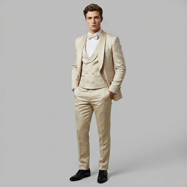 Tan Floral Shawl Lapel Tuxedo Set – Wedding and Prom