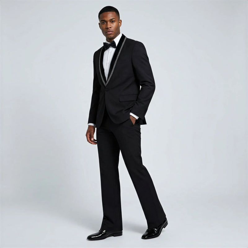 Bootcut wedding suit Black Shawl Lapel Bootcut Tuxedo with Stone Trim – Prom and Wedding