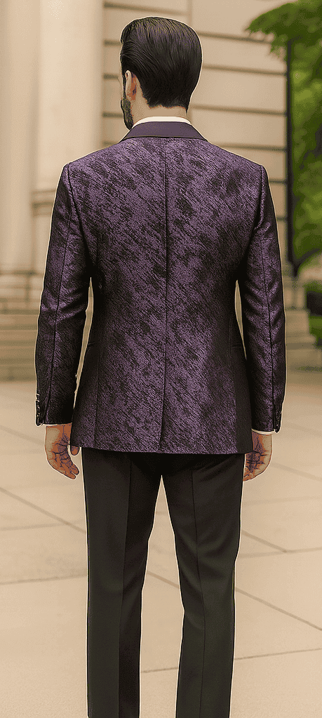 Purple double-breasted jacket with rough streak pattern and satin finish. Peak lapels, tailored fit, structured back, and two vents complete the design.
