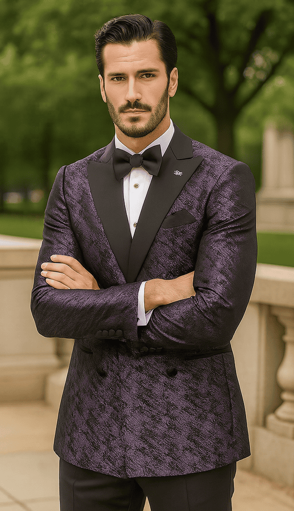 Purple double-breasted jacket with rough streak pattern, satin finish, and peak lapels. Features two front buttons and long sleeves, showcasing intricate texture.
