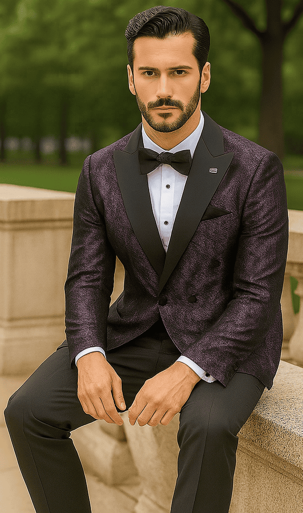 Purple double-breasted jacket with rough streak pattern, satin peak lapels. Paired with a black bow tie and a white shirt.
