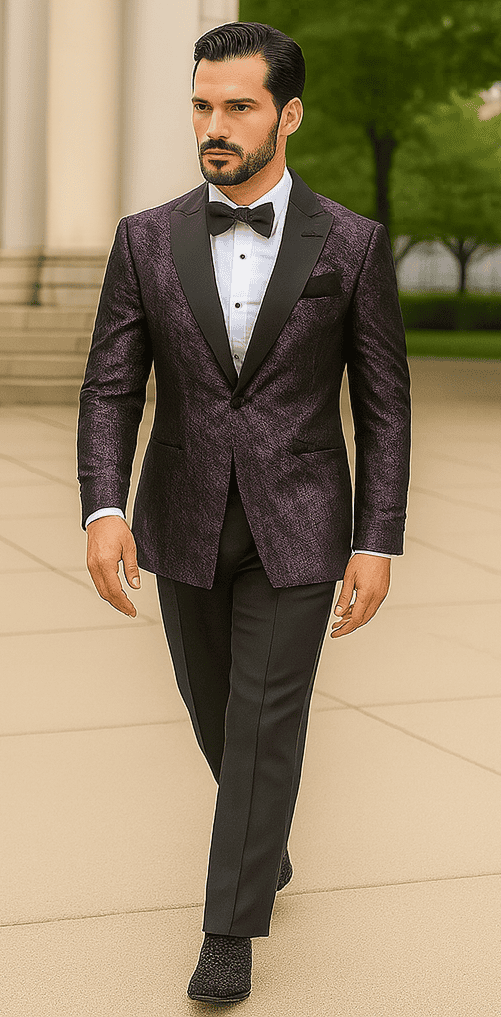 Purple double-breasted jacket with peak lapel, rough streak pattern, and satin finish. Fitted shape with contrasting black accents.
