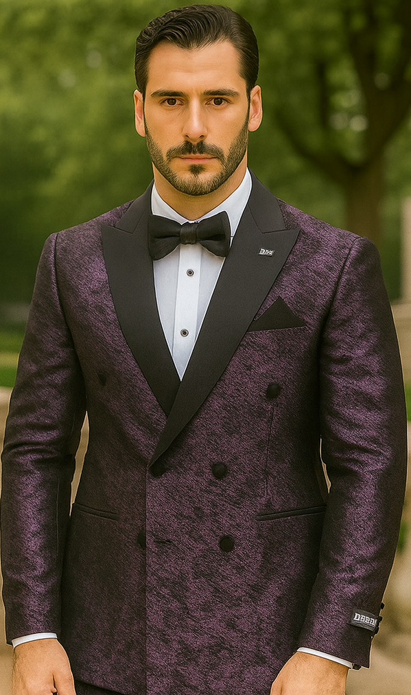 Purple double-breasted jacket with textured, streak pattern fabric. Satin peak lapels, front buttons, and side pockets.
