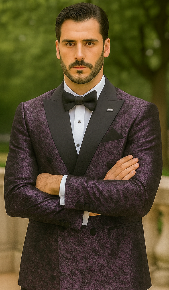 Purple double-breasted jacket with rough streak pattern and satin peak lapel. Structured fit, two front buttons, and black contrasting details.
