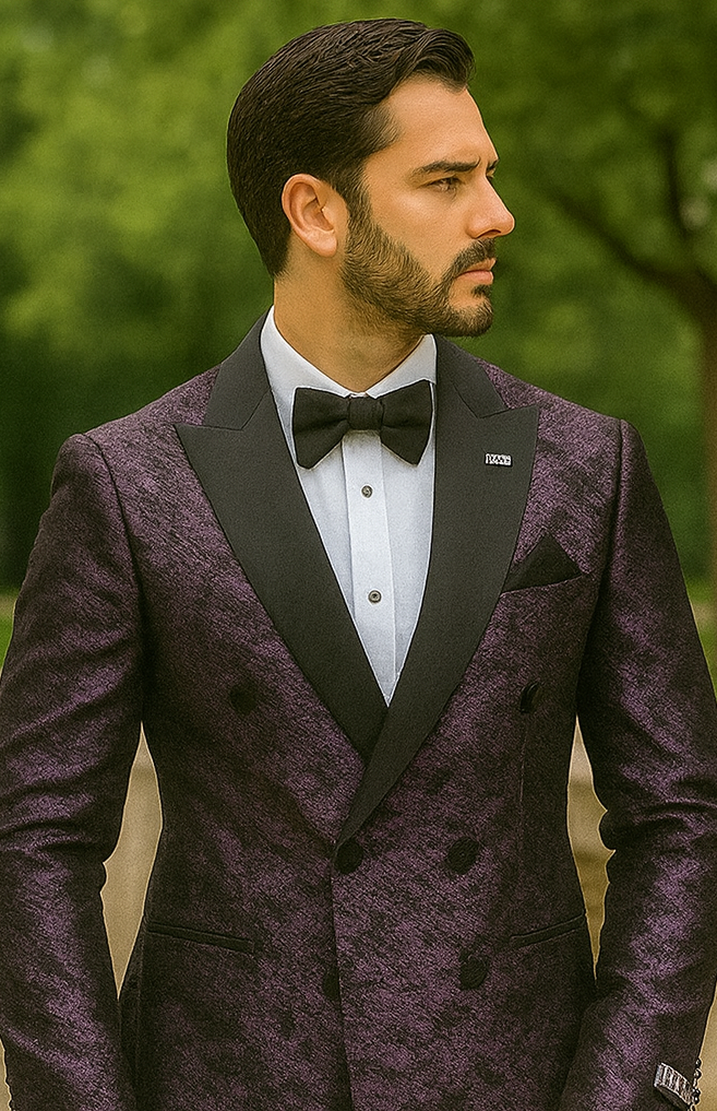 Purple double-breasted jacket with rough streak pattern. Satin fabric, peak lapel, and structured fit. Features black buttons.
