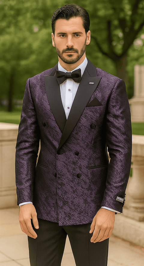 Purple double-breasted jacket with rough streak pattern, satin peak lapels, and black accents. Textured fabric. Unique design highlighted.
