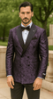 Purple double-breasted jacket with rough streak pattern, satin peak lapels, and black accents. Textured fabric. Unique design highlighted.
