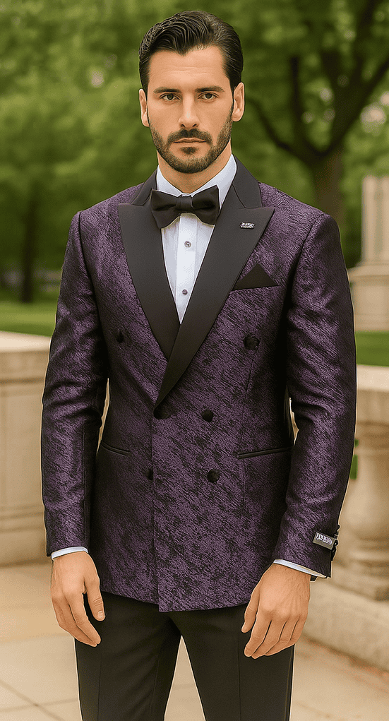 Purple double-breasted jacket with rough streak pattern, satin peak lapels, and black accents. Textured fabric. Unique design highlighted.
