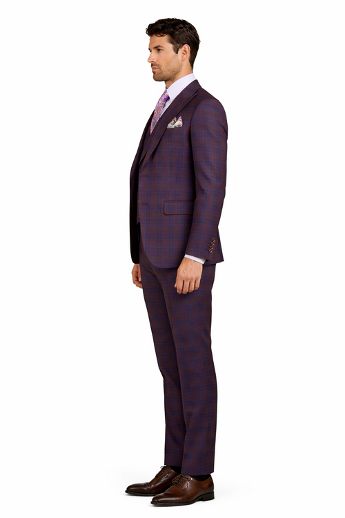 Purple Modern Fit Windowpane Peak Lapel 3 Piece Suit