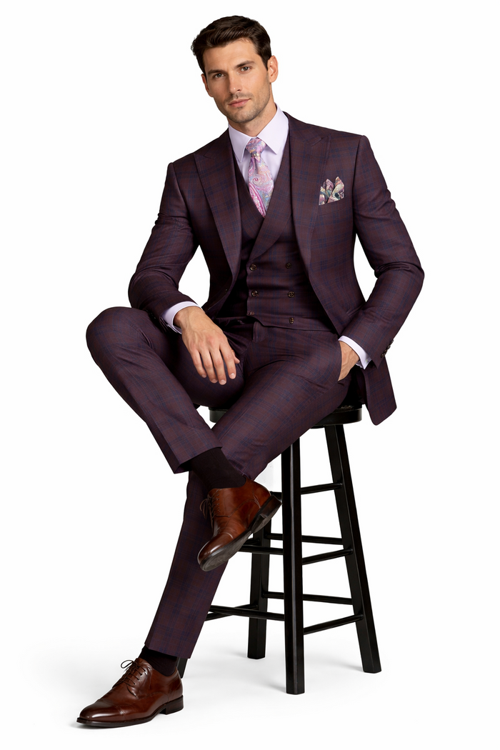 Purple Modern Fit Windowpane Peak Lapel 3 Piece Suit