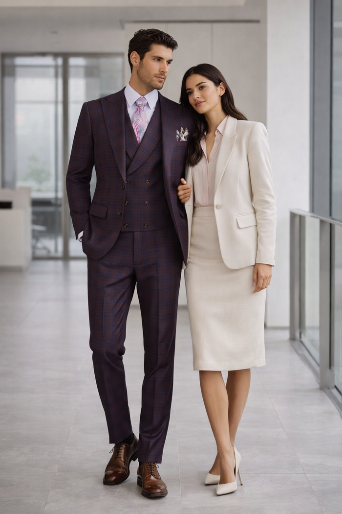 Purple Modern Fit Windowpane Peak Lapel 3 Piece Suit
