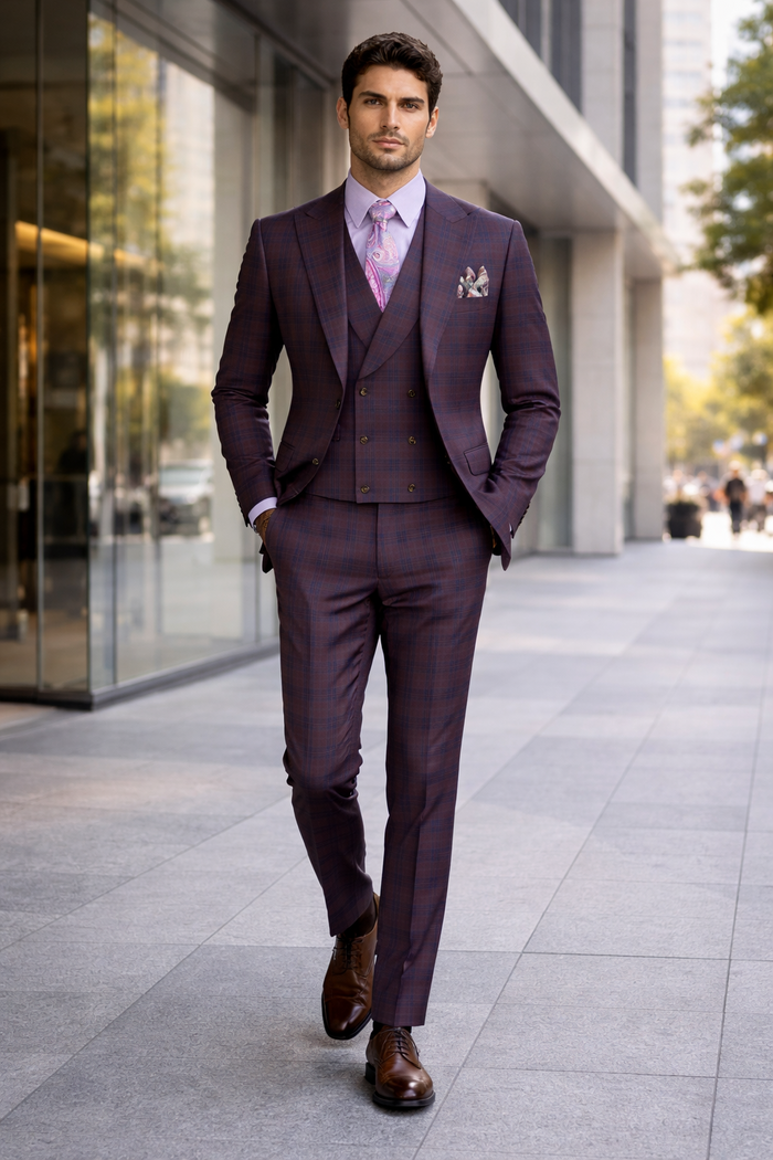 Purple Modern Fit Windowpane Peak Lapel 3 Piece Suit
