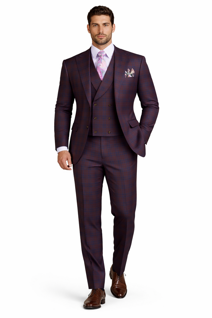Purple Modern Fit Windowpane Peak Lapel 3 Piece Suit