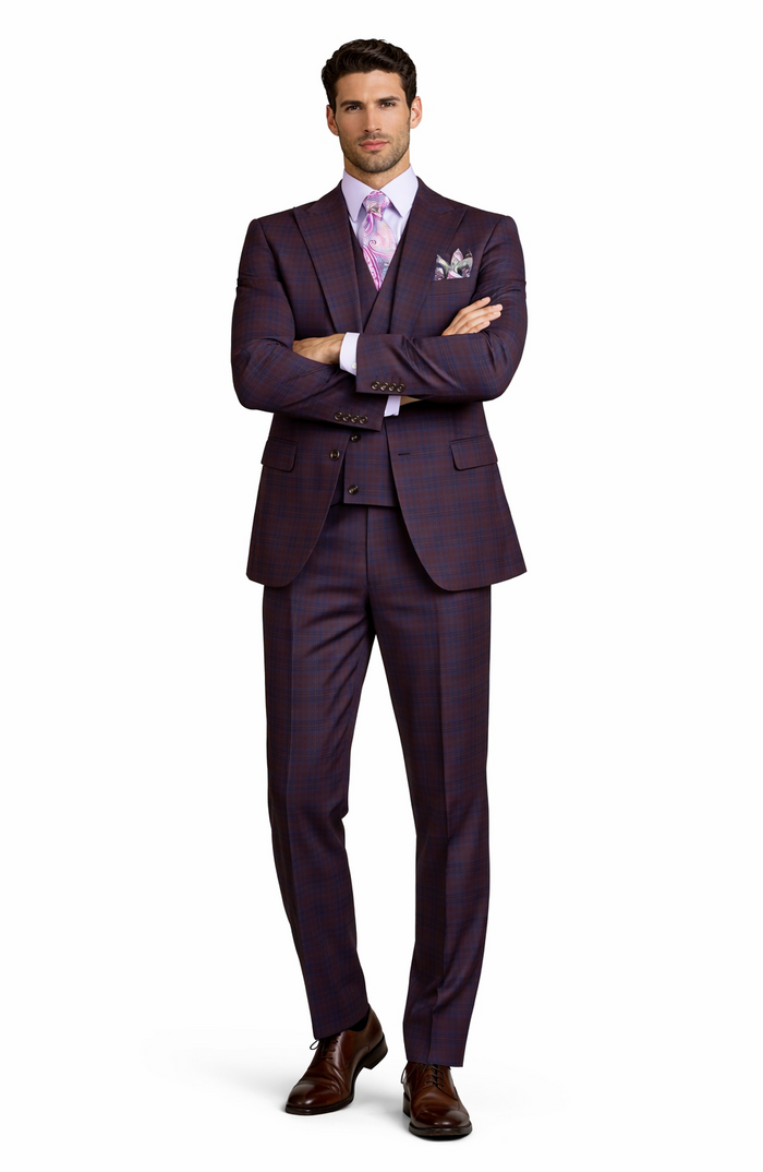 Purple Modern Fit Windowpane Peak Lapel 3 Piece Suit