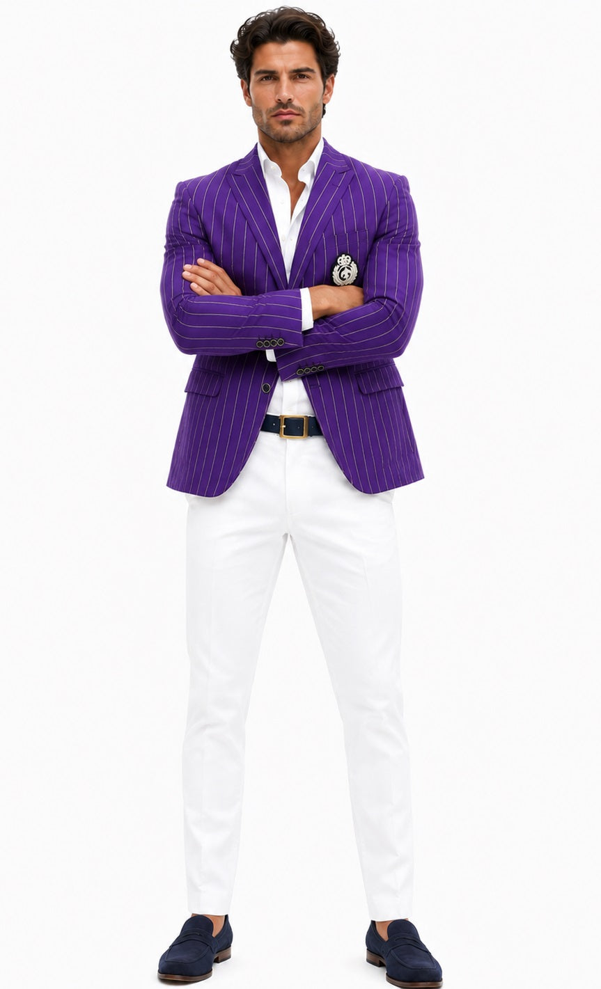 Purple Pinstripe Blazer With White Pants - Suit - Party Blazer