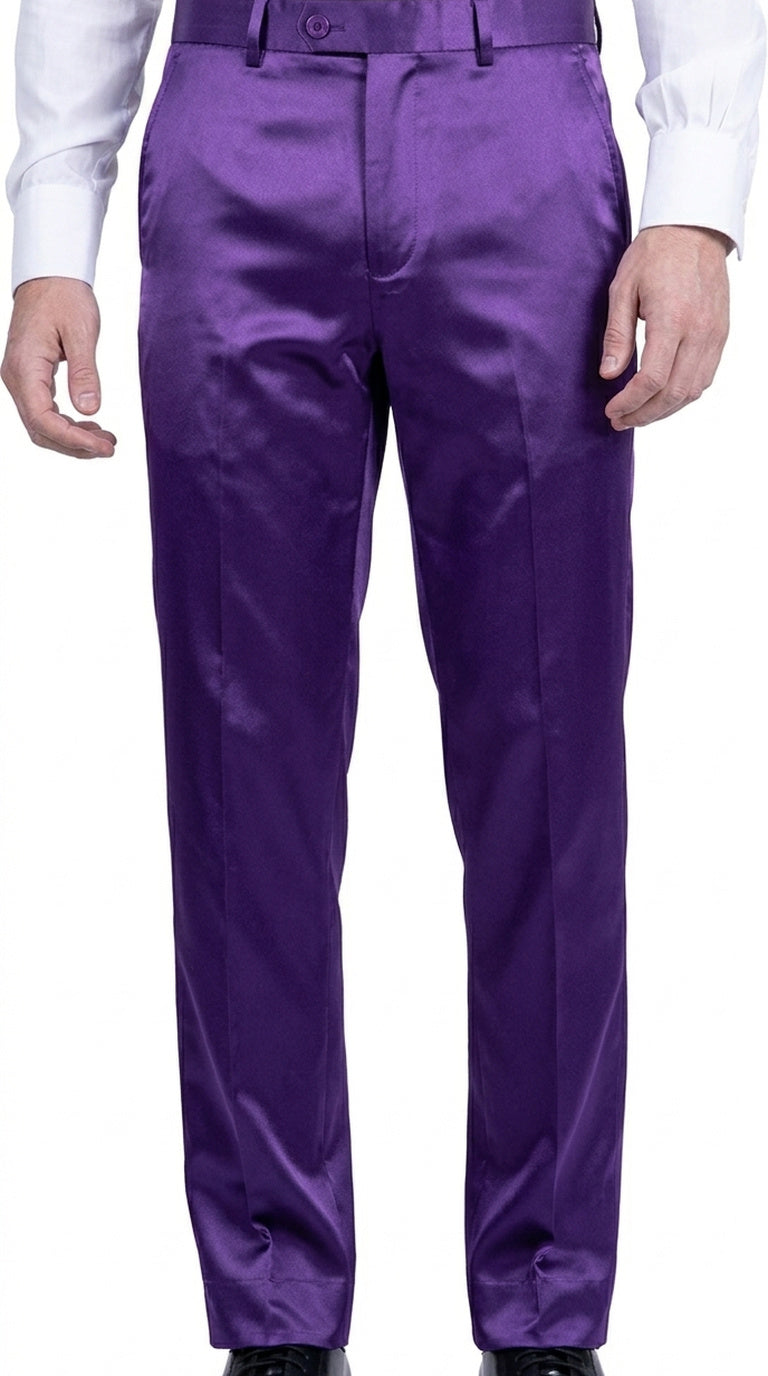 Mens Shiny Stretch Pants Solid Color Slim Fit Sateen Flashy Metallic Slacks in Color "Purple"