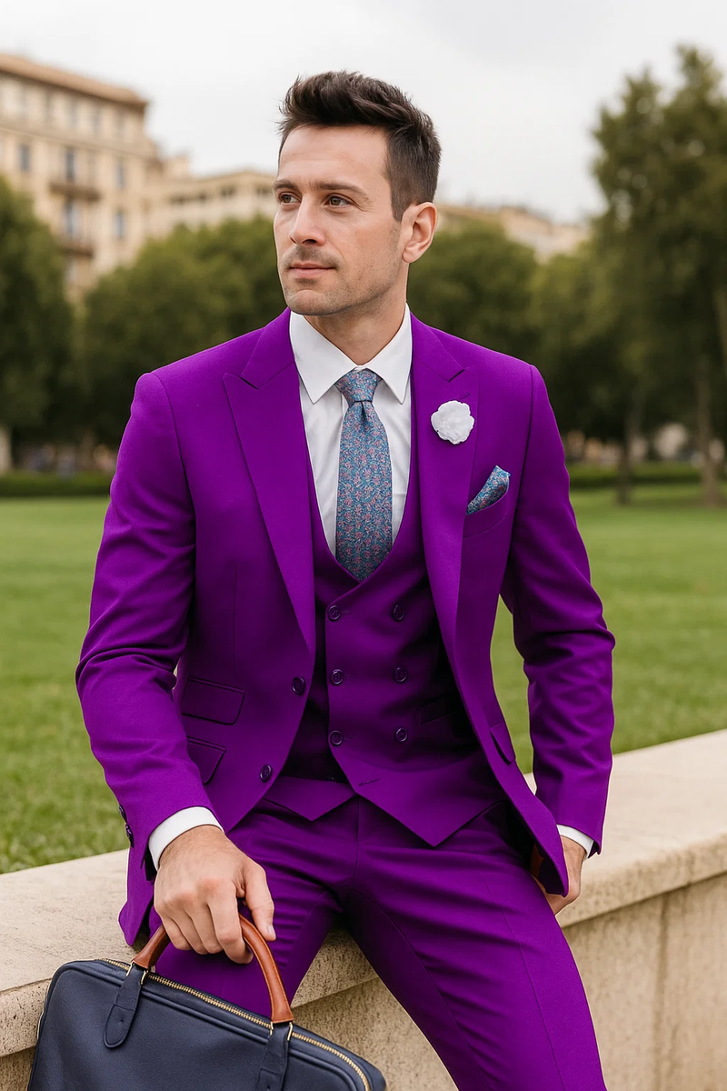 Men's three-piece purple suit: double-breasted jacket with peak lapels, matching vest, and trousers. Smooth fabric, structured shoulders, visible buttons, and a patterned tie complete the stylish ensemble.

