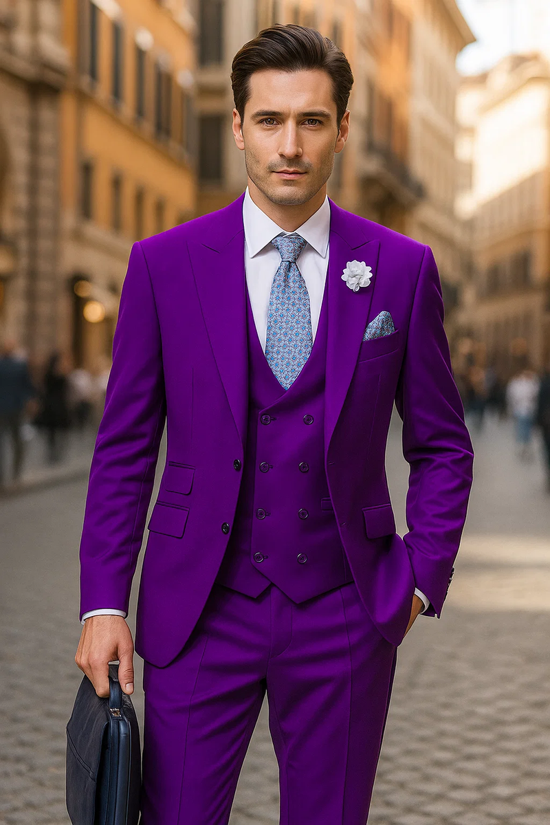Stylish purple three-piece men's suit: peak lapel, double-breasted vest, slim-fit trousers. Features smooth fabric, structured elements, patterned tie, pocket square, and a white shirt.
