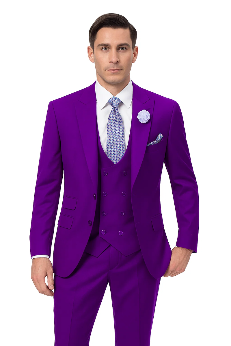 Purple designer men's three-piece suit. Peak lapel jacket, double-breasted vest, tailored trousers, all in solid purple. Jacket: pockets. Vest: six buttons, pockets. Smooth material. Includes a white shirt & patterned tie.
