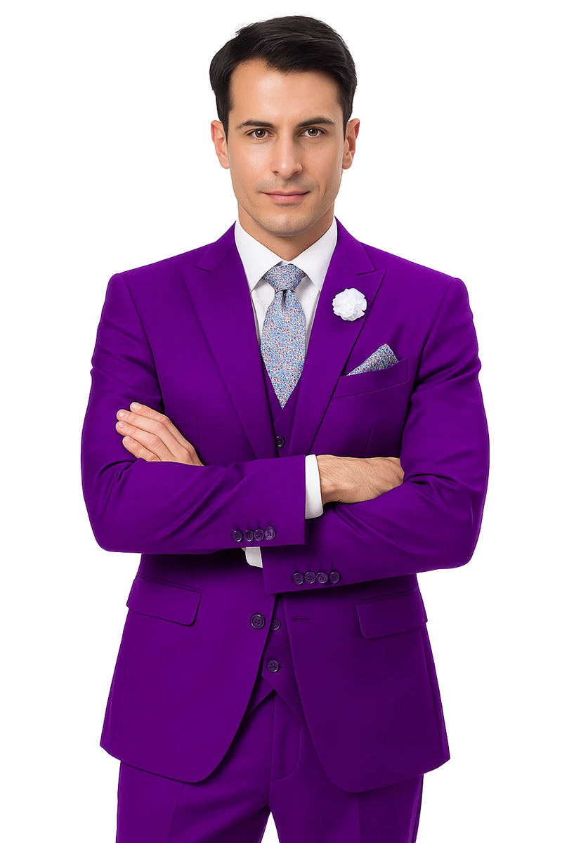 Purple men's three-piece suit. Tailored cut with peak lapel jacket, double-breasted vest, and trousers. Solid purple color, smooth texture, fitted vest.
