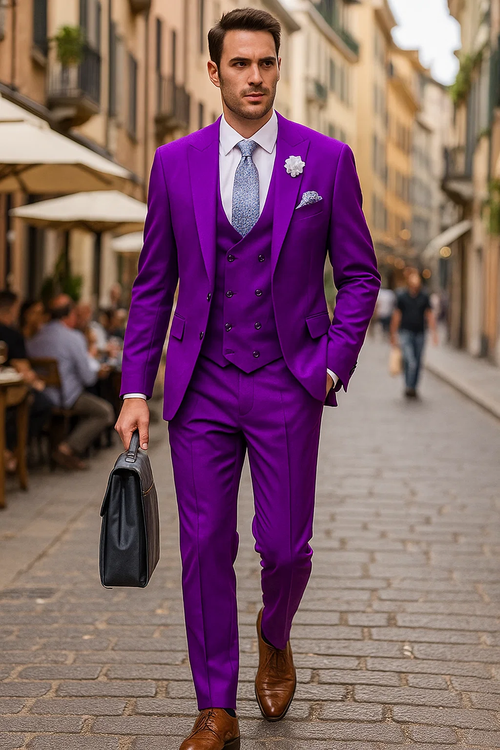 Elegant men's purple suit: peak lapel, double-breasted vest (3-piece). Smooth fabric, structured tailoring. Includes trousers, vest, and complements: white shirt, patterned tie, pocket square, lapel flower.