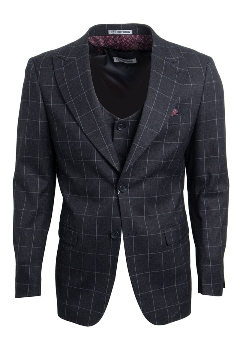 Mens Stacy Adams Suit - Stacy Adams Suit Men's Charcoal Grey Windowpane Plaid Suit - Two Button Vested Peak Lapel