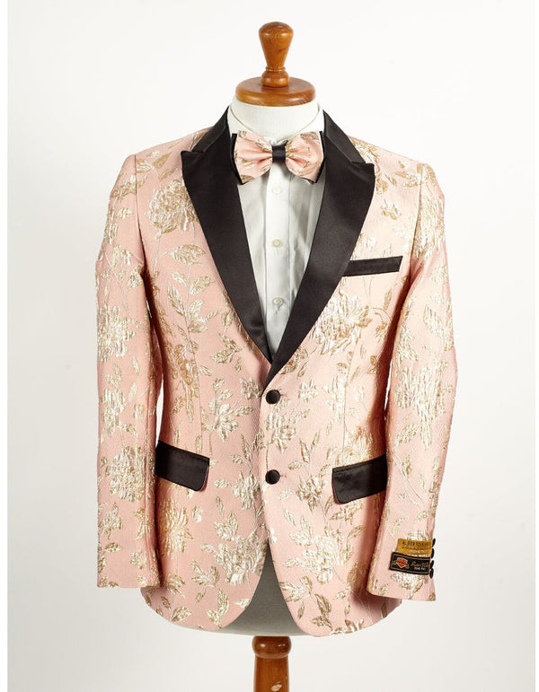 Mens 2 Button Light Baby Pink & Gold Floral Paisley Tuxedo Blazer